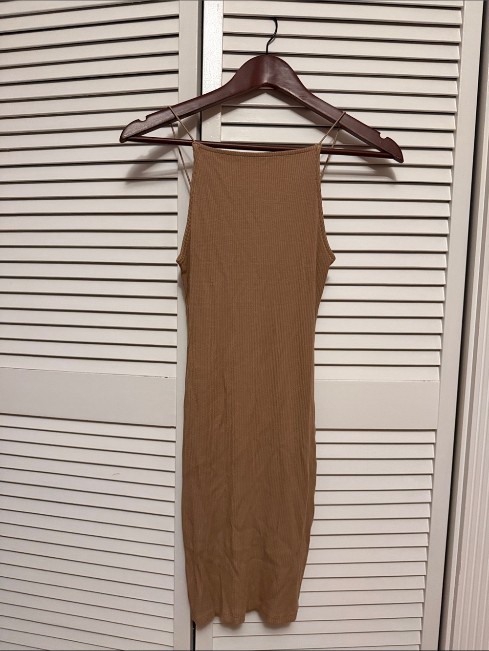 H&M Ribbed Spaghetti-Strap Midi Dress - Camel